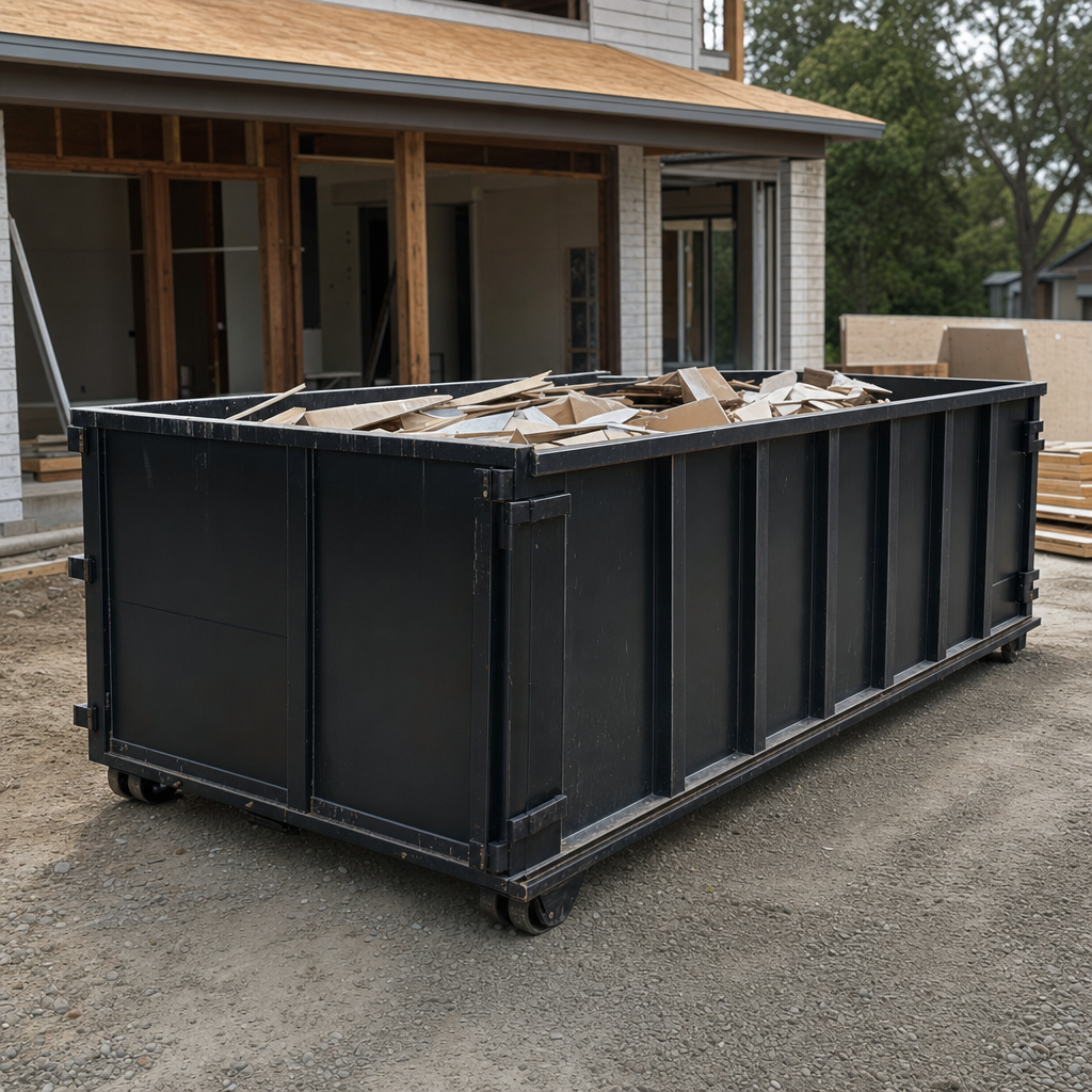 Large matte-black 30-yard construction roll-off dumpster at an active Virginia Beach jobsite, steel-gray top rails and bottom rollers visible, loaded with construction debris.