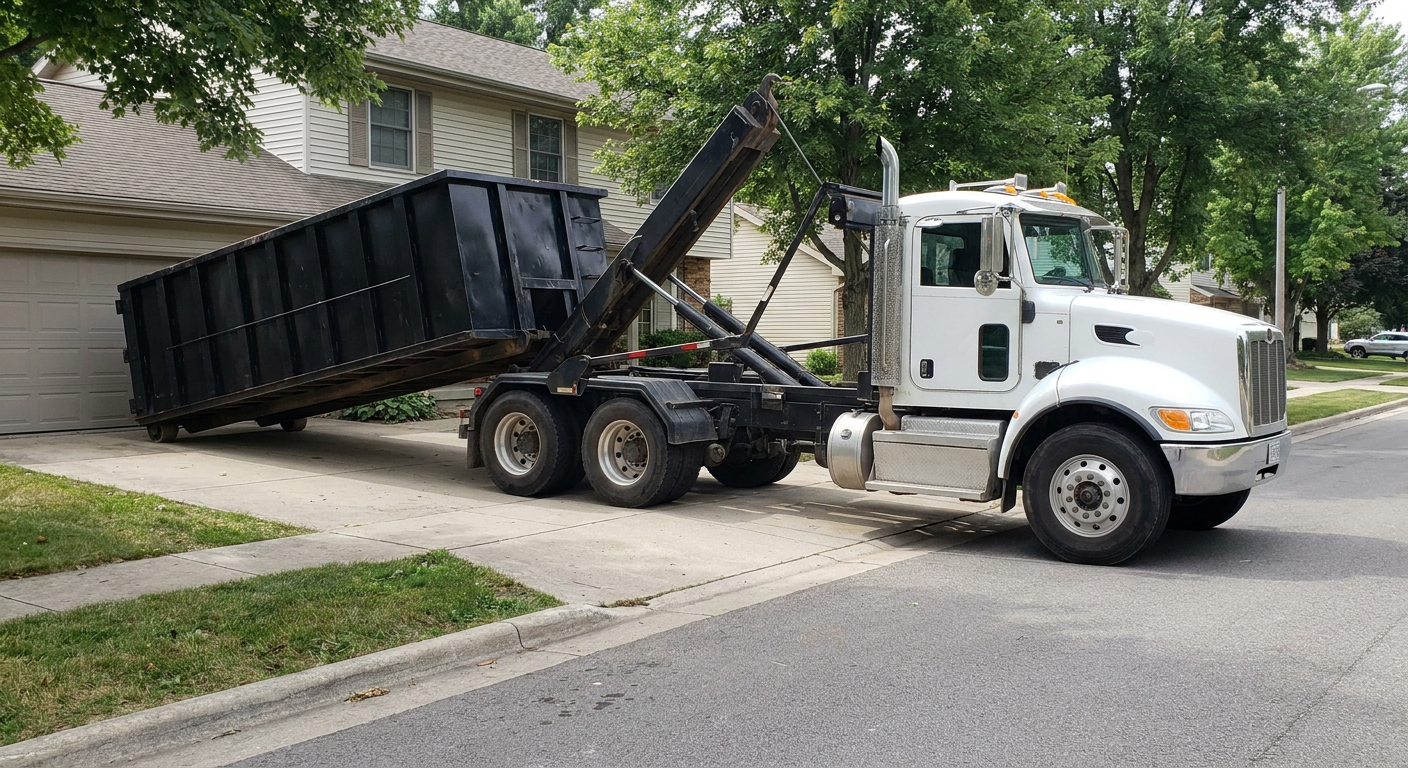 White-cab hooklift roll-off truck actively lowering a matte-black dumpster onto a Virginia Beach residential concrete driveway, the dumpster's rear wheels touching the driveway as the hoist arm tilts the bed forward, mid-morning daylight.