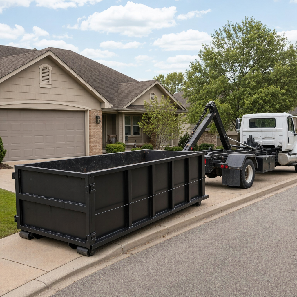 Wide documentary shot of a matte-black roll-off dumpster on a Virginia Beach residential driveway in the foreground and a contractor jobsite container in the soft-focus background, bright daylight, calm and orderly composition.